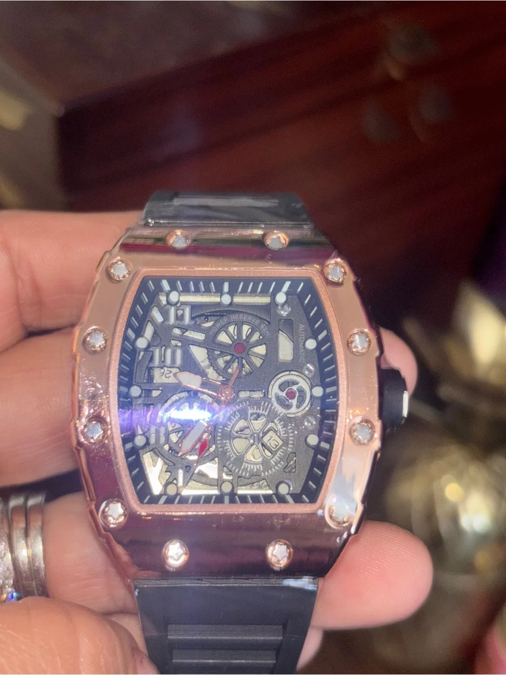 Men's Rose Gold Skeleton Sport Watch with Black Strap